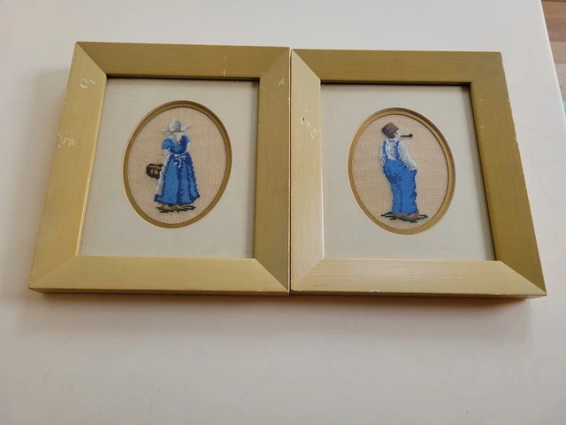 Ropa tradicional enmarcada Petit Point vintage holandesa hombre mujer