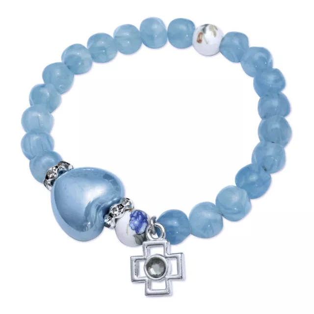 Rosary Bracelet Light Blue Glass Beads, large Heart and Cross Charm