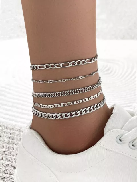 SET 5 PCS Fashion Women Gold Plated Cuban Curb Twist Chain Anklet Bangle 2