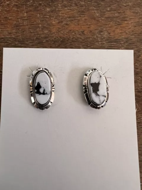 Native American Navajo Earrings Post White Buffalo Turquoise Oval Nice Zuni # 11