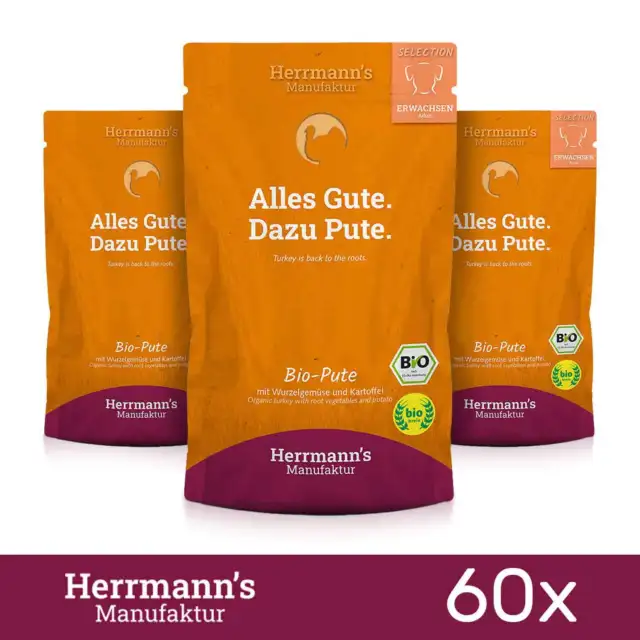 60 x Herrmanns Alimento para perro Pavo orgánico con verduras de raíz Patatas Alimento para mascotas 150 g