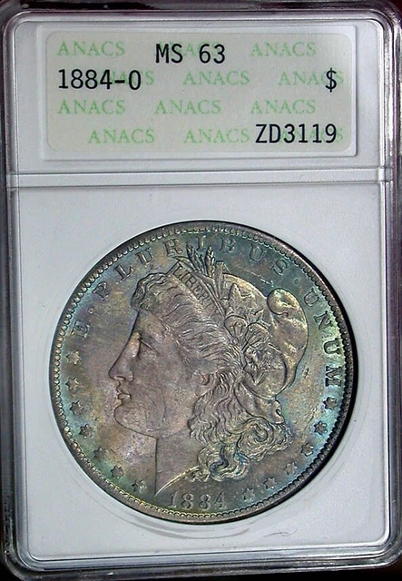 1884 O Double Sided Naturally Toned Anacs Ms63 Certified Morgan Silver Dollar 