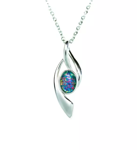 Genuine Australian Triplet Opal Necklace White Gold Plated on Sterling Silver