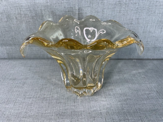 Teleflora Floral Vase or Trinket Candy Dish Yellow Glass Ruffled Edges HEAVY