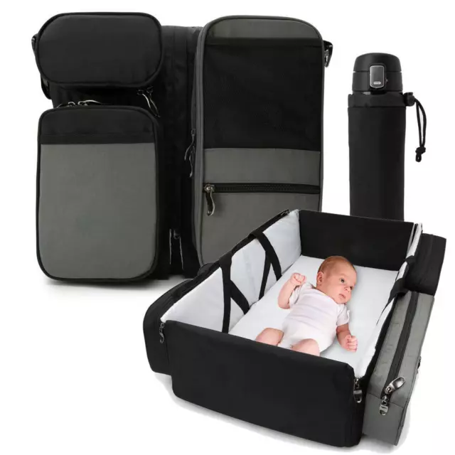 Diaper Bag Backpack, Multifunctional Baby Changing Bag with Foldable Crib & Insu