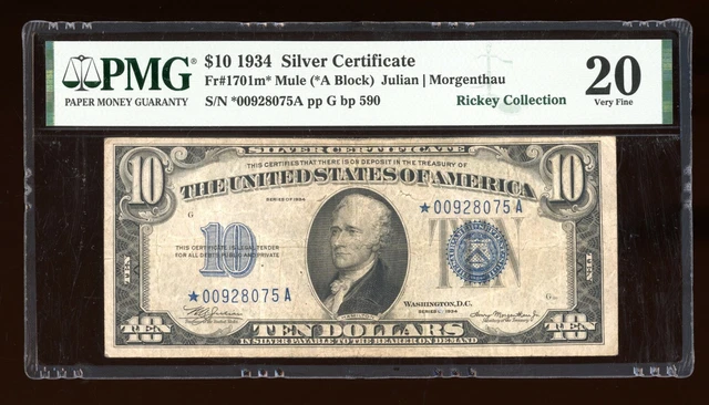 DBR 1934 $10 Silver Mule STAR Fr. 1701m* PMG VF-20 Serial *00928075A