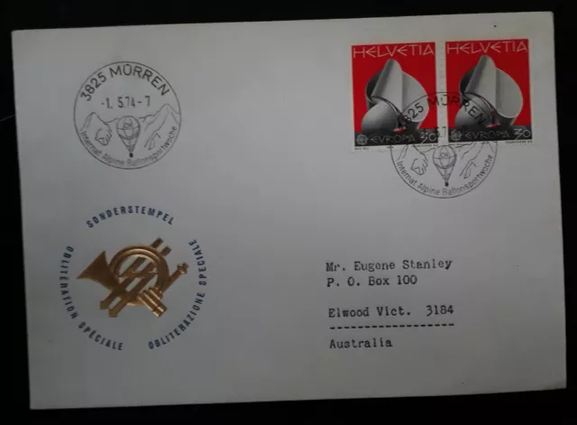 1974 Switzerland Sculpture EUROPA stamp FDC ties 2 stamps Balloon Post cachet