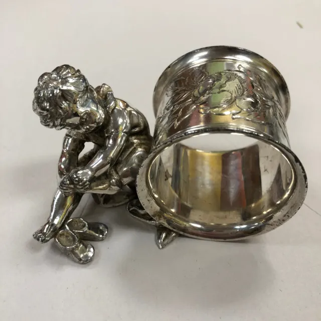 Antique Derby Silver Co Boy Taking Off His Shoes & Socks Napkin Ring Holder