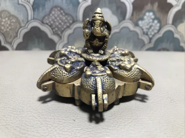 Antique Hindu Indian brass bronze Kumkum ritual figural Container Ganesha