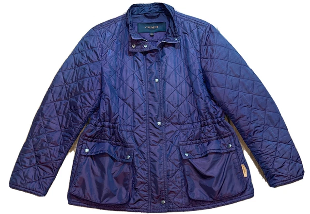 Coach Quilted Logo Jacket Silver Button Front Zip Puffer Type Leather Accent