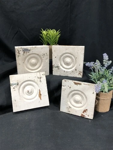 4 Plinth Blocks, Antique Bullseye Rosettes, Architectural Salvage Wood Trim C81,