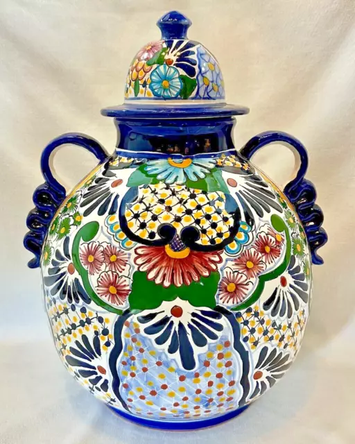 Talavera Mexican Folk Art Ginger Jar/Lid Castillo Hechoen Hand Painted-16" RARE