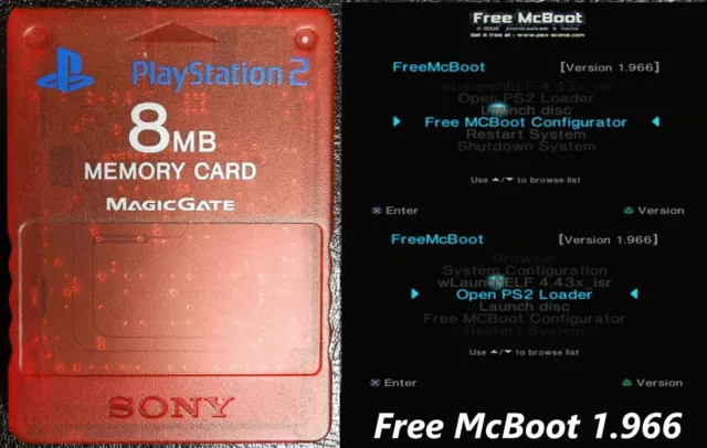 Official Clear Red Sony PlayStation 2 PS2 8MB Memory Card Free McBoot FMCB 1.966