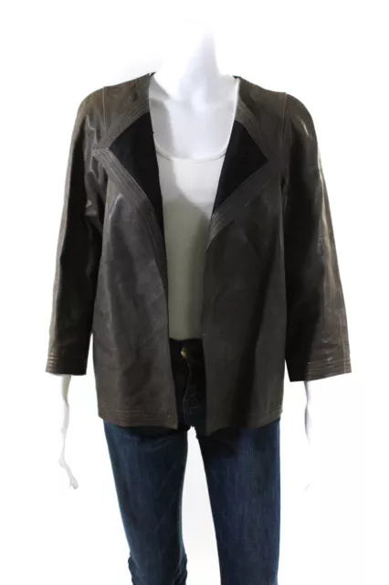 Lafayette 148 New York Womens Leather Draped Open Front Jacket Gray Size M