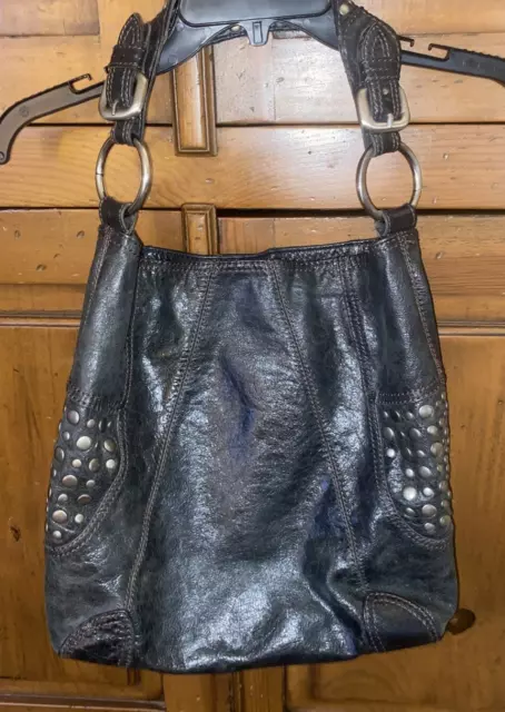 PLZ READ! STEVEN Steve Madden Brown/Black Leather Brass-Studs Hobo Shoulder Bag