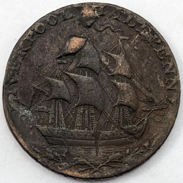 GB; Liverpool Halfpenny Conder Token, 1793, Sailing Ship Design