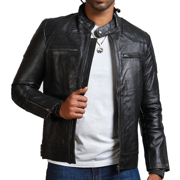 MENS David Beckham BLACK REAL LEATHER JACKET RETRO VINTAGE GENUINE COWHIDE
