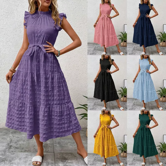 Womens Sleeveless Ruffle Holiday Midi Dress Ladies Summer Beach Lace Up Sundress