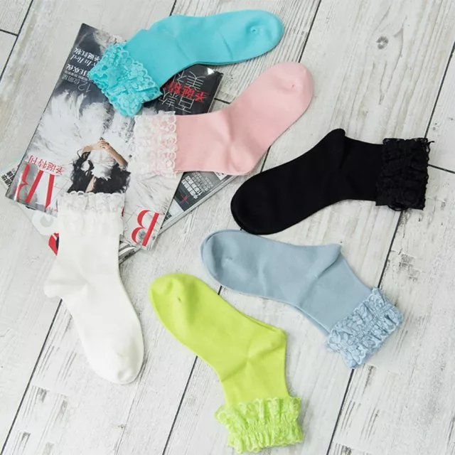 Soft Spring Summer Lace Ruffle Frilly Ankle Socks Ladies Solid Cotton Sock