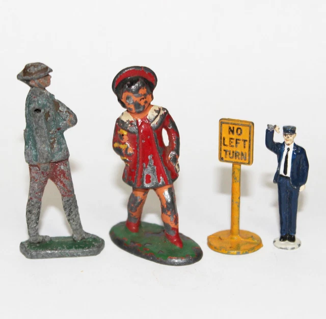 VINTAGE ANTIQUE FIGURE Barclay School Girl Train Conductor Sign Toy