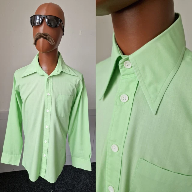 Camicia Vintage Anni '70 Collare Pugnale | 16"/Large | Verde PoliCotone Mod Disco ZE78