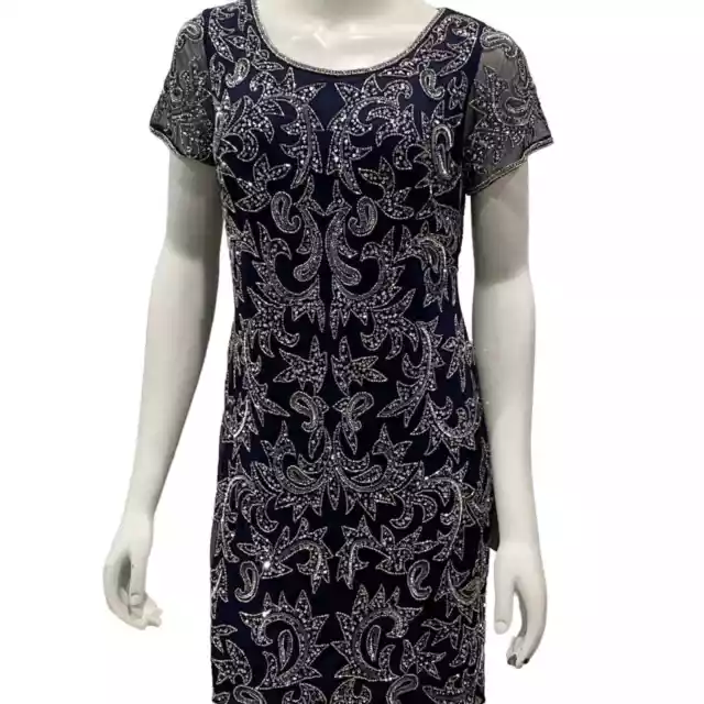 NWT PISARRO NIGHTS Beaded Navy Cocktail Dress Size 6 with DEFECT Retail $218