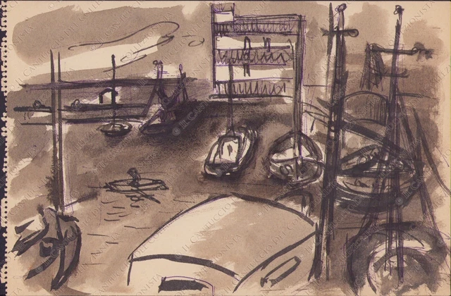 Disegno barche al molo porto pescatori Acquerello