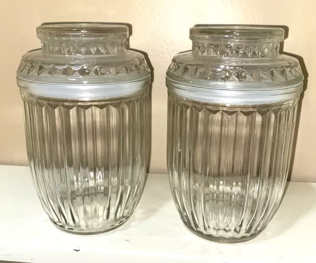 2 Vintage CANDY JARS Apothecary Anchor Hocking Ribbed Glass Canister Lid 7" Tall