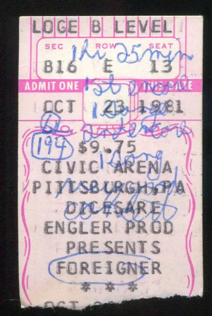 Vintage 1981 Foreigner Billy Squier Concert Ticket Stub Pittsburgh PA