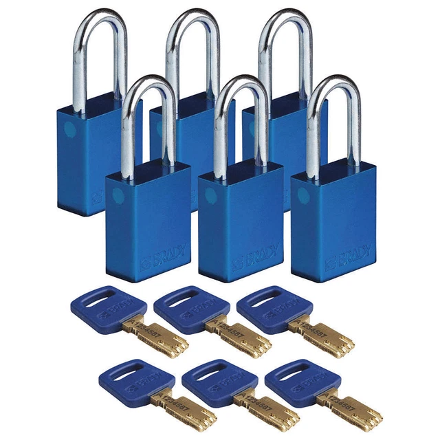 BRADY ALU-BLU-38ST-KD6PK Lockout Padlock,Alum.,Bl,Different,PK6