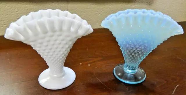 Fenton Pair Blue Opalescent & Milk Glass Frilled Crimped Hobnail 4"  Fan Vases