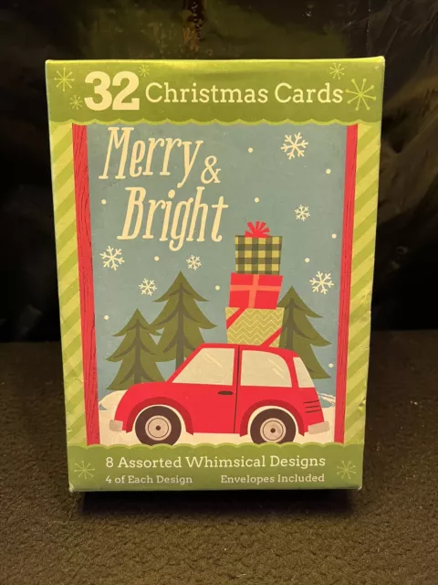 32 Whimsical Design Christmas Cards w/Envelopes~8 Different Designs     1 Box