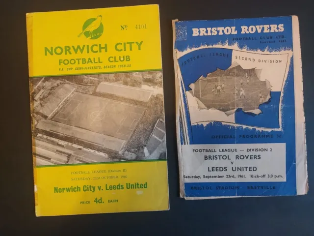 2 x Leeds United Away Football Programme v Norwich & Bristol Rovers 60/61&61/62