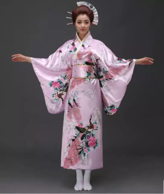 Japanese Lady Womens Traditional kimono Peacock Floral Dress Ball Gown  Asian