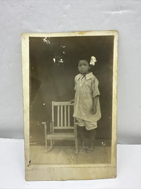 Vintage RPPC African American Young Girl Child Rocking chair~Real Photo Postcard