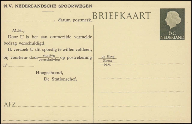 Postkarte P 257 Zudruck Spoorwegen: Model 1202, ungebraucht ** / MNH