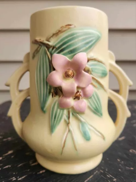 McCoy Blossomtime Art Pottery Vase. Circa 1946. Yellow with Pink Flowers