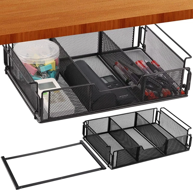 Under-Desk Slide Out Storage Box – Hidden Pencil Tray, No-Drill Adhesive Drawer For Home Office (Black, 23.5x10.5x3.5cm)