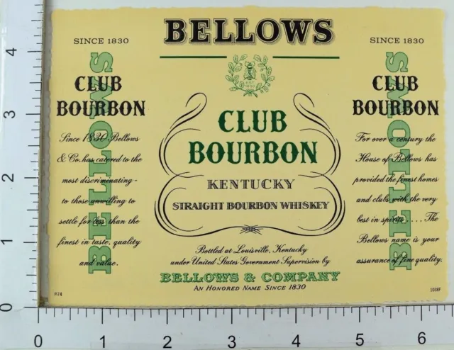 1950's-60's Vintage Bellows Club Bourbon Label Bottle