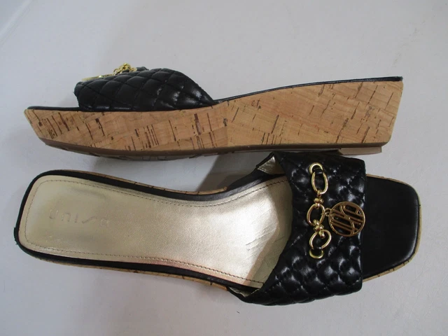 UNISA black quilted leather gold chain logo charm slides cork wedge heels sz 11 UNISA black quilted leather gold chain logo charm slides cork wedge heels sz 11