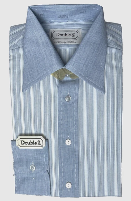 Camicia doppia due da uomo a righe 15 vintage anni '70 INUTILIZZATA blu manica lunga BD