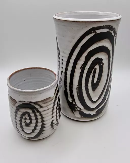 2 x Tenby Pottery Studio Vases Black & White Swirl Pattern Signed MCM