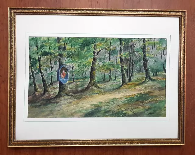 Aquarell / Gouache  ein Marterl im Buchenwald von L . Rothhaas um 1900