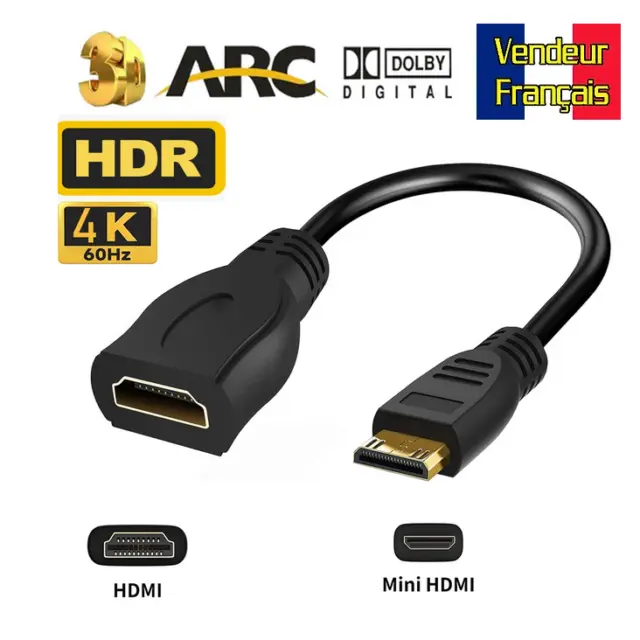 Câble / Adaptateur Mini HDMI Mâle Vers HDMI 2.0 Femelle - 4K 60Hz - HDTV - 15 cm