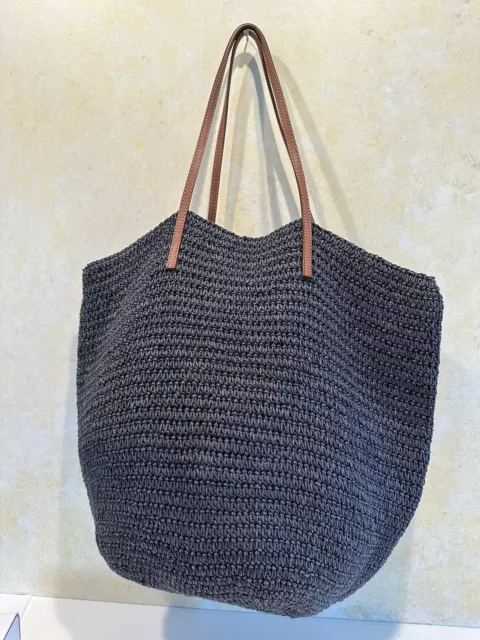 J. CREW Woven Straw Market Tote Bag Large Dark Gray W/ Leather Straps EUC. 54