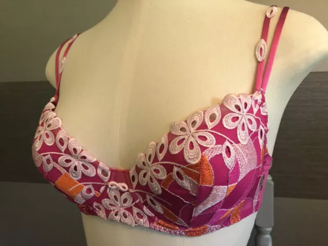 SALE LEJABY Sexy Soft Hot Pink Orange Ivory Floral Boost Pushup Bra 34A  RRP £46