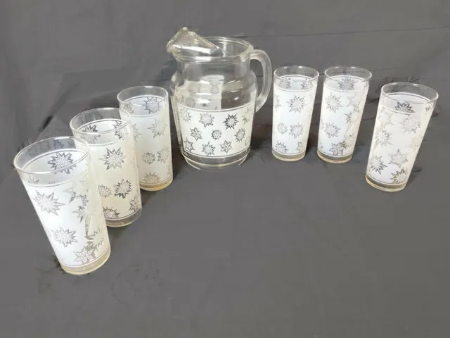 Mid Century Barware Set Atomic Snowflake Pitcher with 5 Glasses White