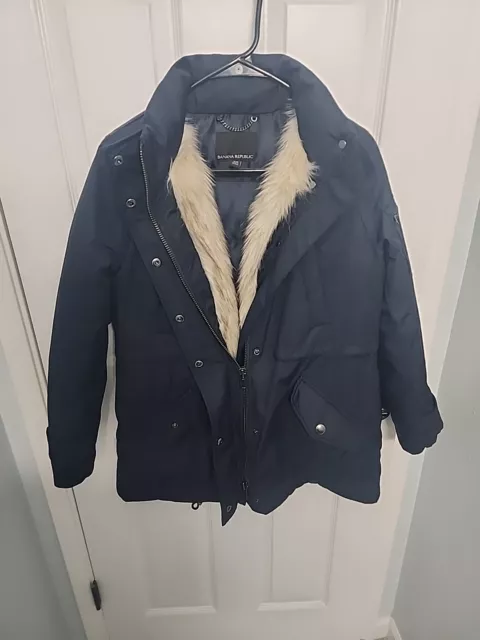 Banana Republic Navy Fur Trim Utility Puffer Coat Petite XXS