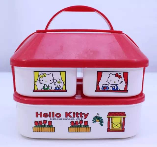 Hello Kitty 2009 caja de almuerzo roja blanca pila 3 compartimentos tapa crack