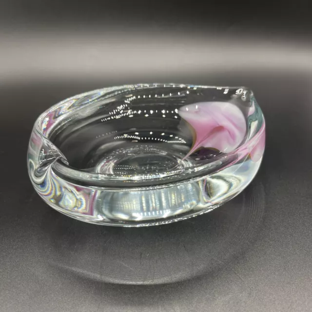 Hand blown Art glass bowl, clear with pink swirl